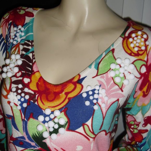 Boston Proper,aqua,seafoam gr,white chalk beads,stretchy,split 3/4 slv,Brand New - Picture 2 of 4